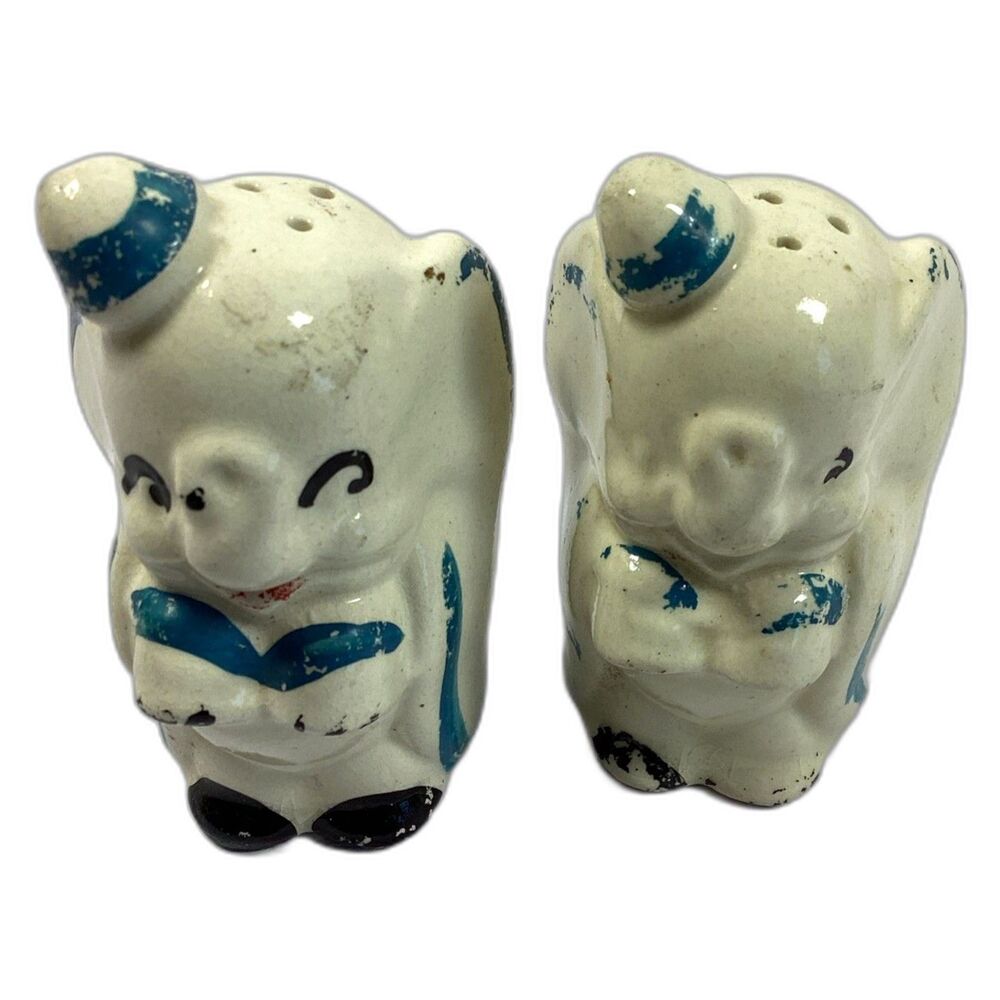 Vintage Ceramic Elephant Salt and Pepper Shakers Blue Hat Cork Stopper 3".